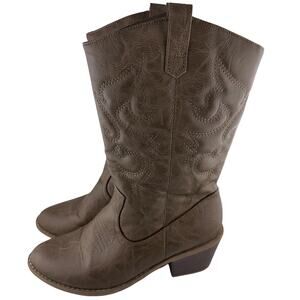 Brown Vegan Leather Embroidered Mid Calf Ankle Cowboy Western Boot 7M